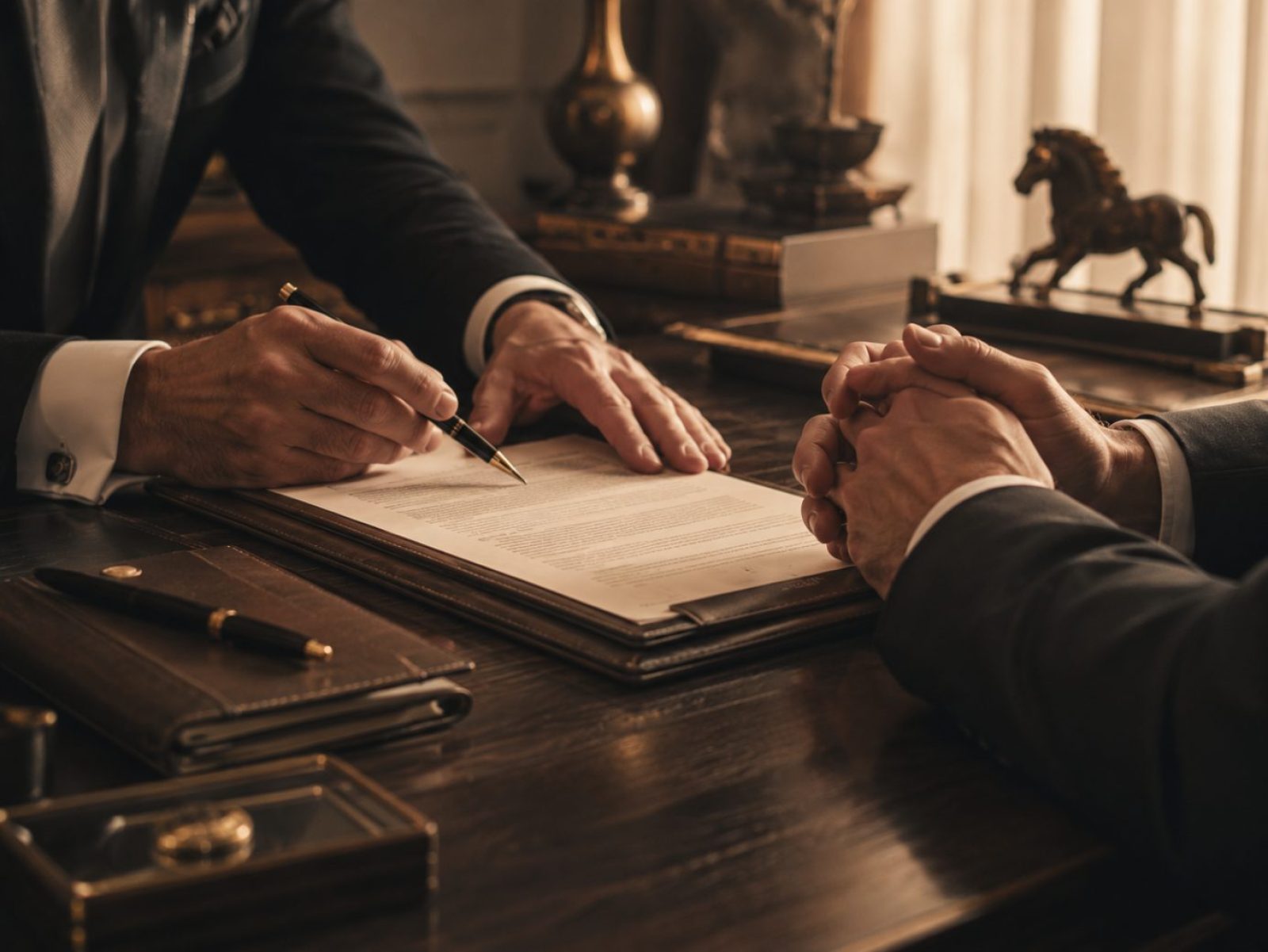 Two business partners at a desk reviewing and signing an agreement