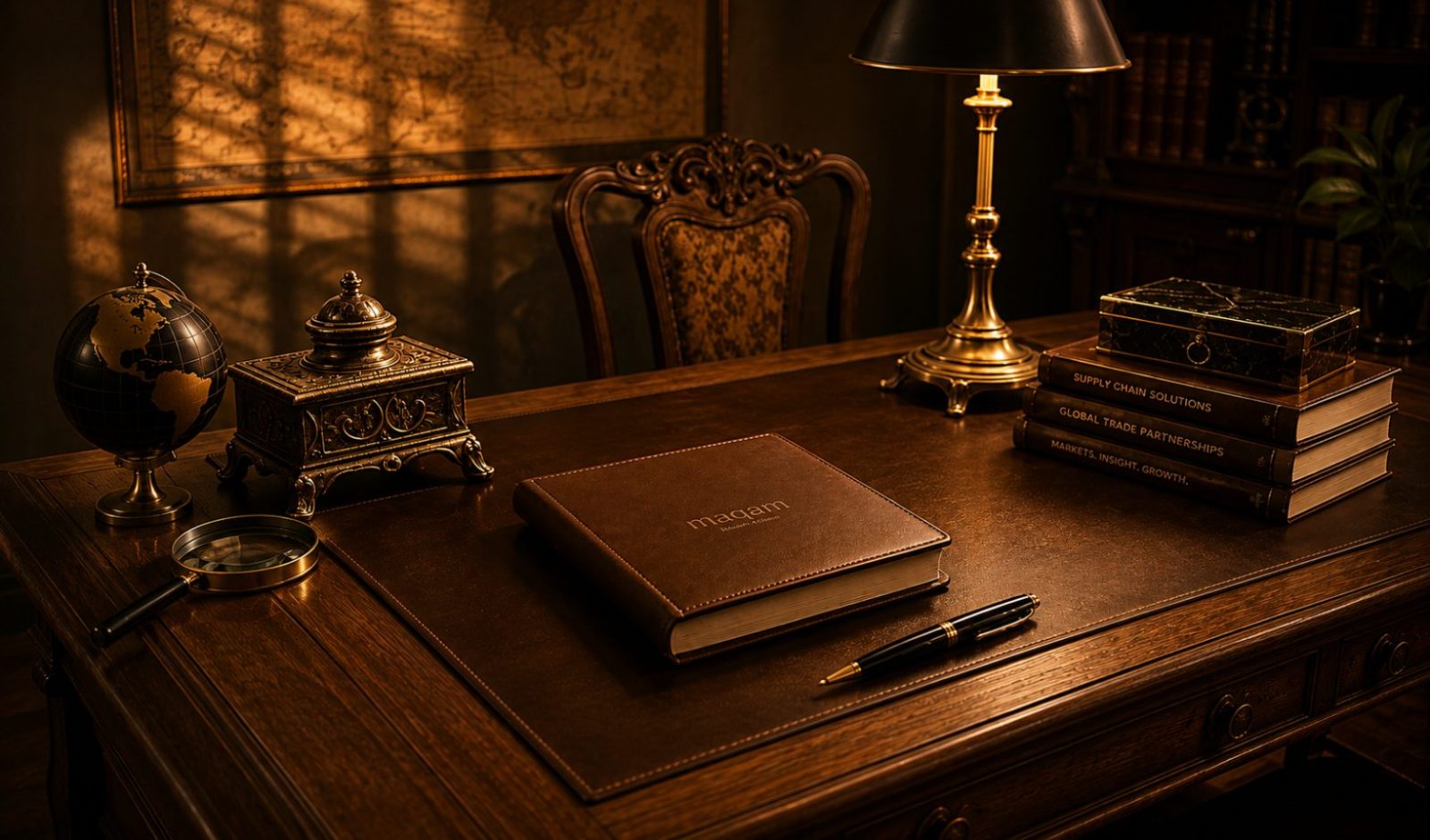 Executive desk with a maqam leather folio, brass lamp and books titled Supply Chain Solutions and Global Trade Partnerships