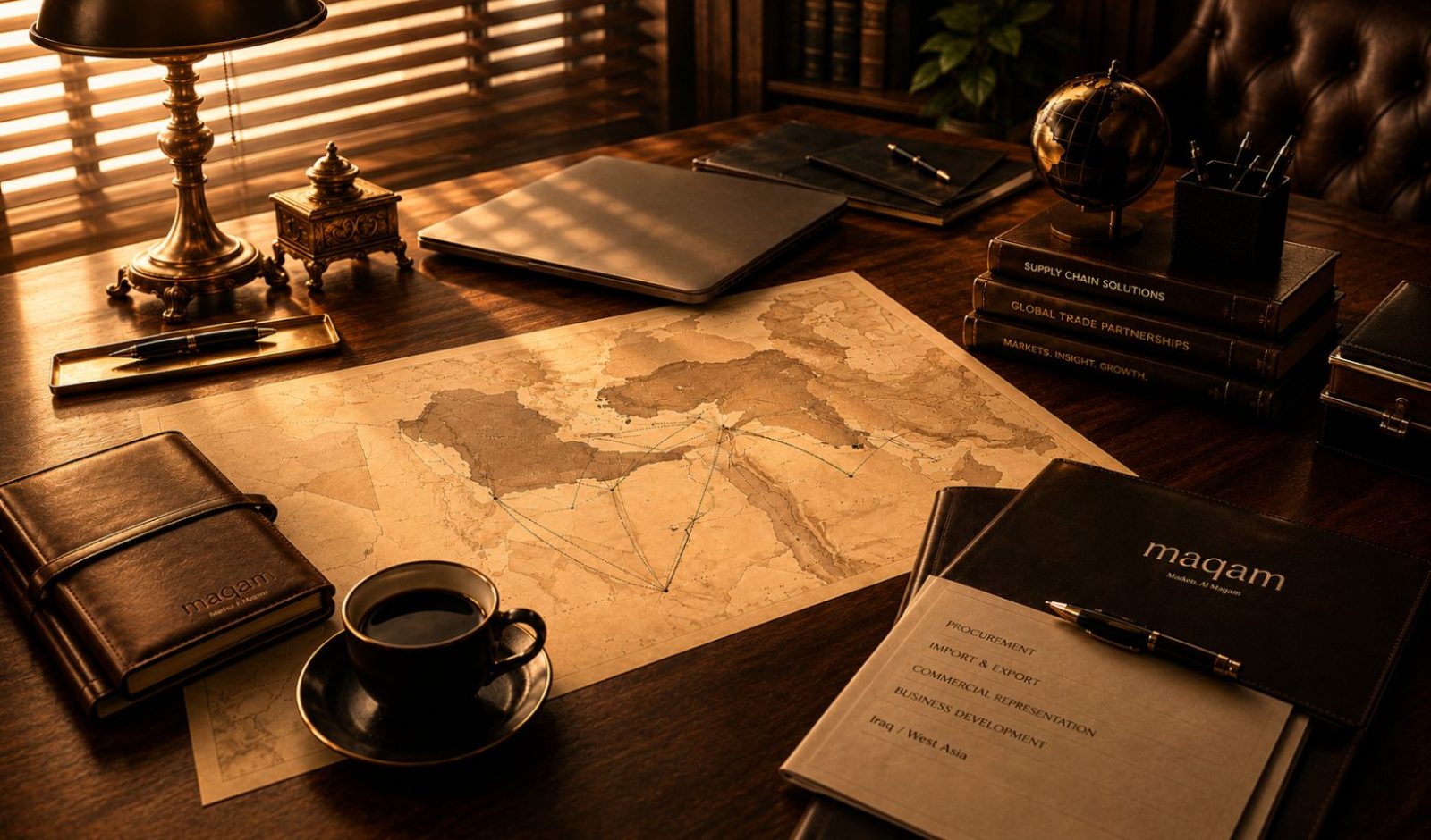 Trade route map of the region on a desk beside a maqam folder listing procurement, import & export and commercial representation